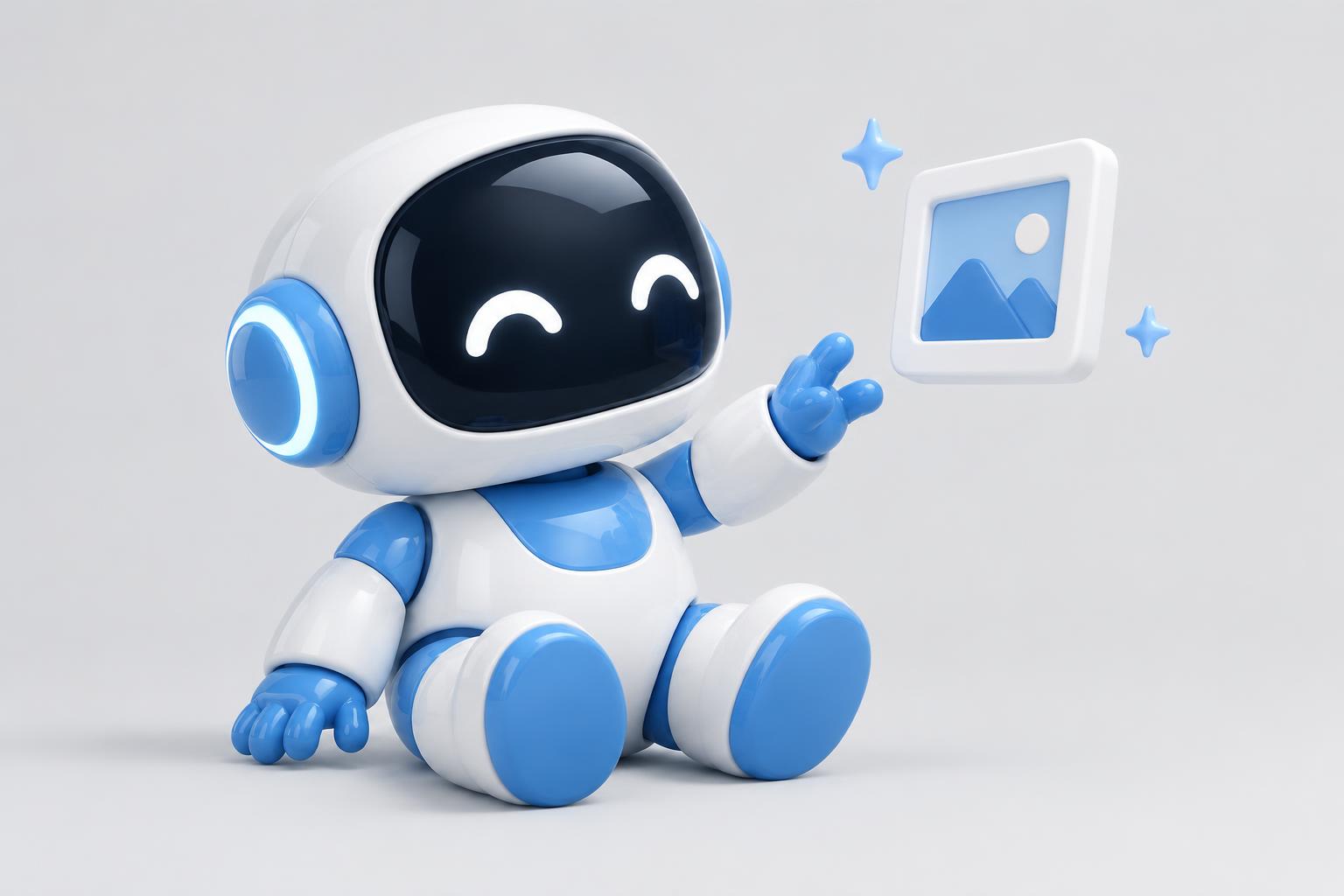Robot reaching toward a floating picture frame with sparkles
