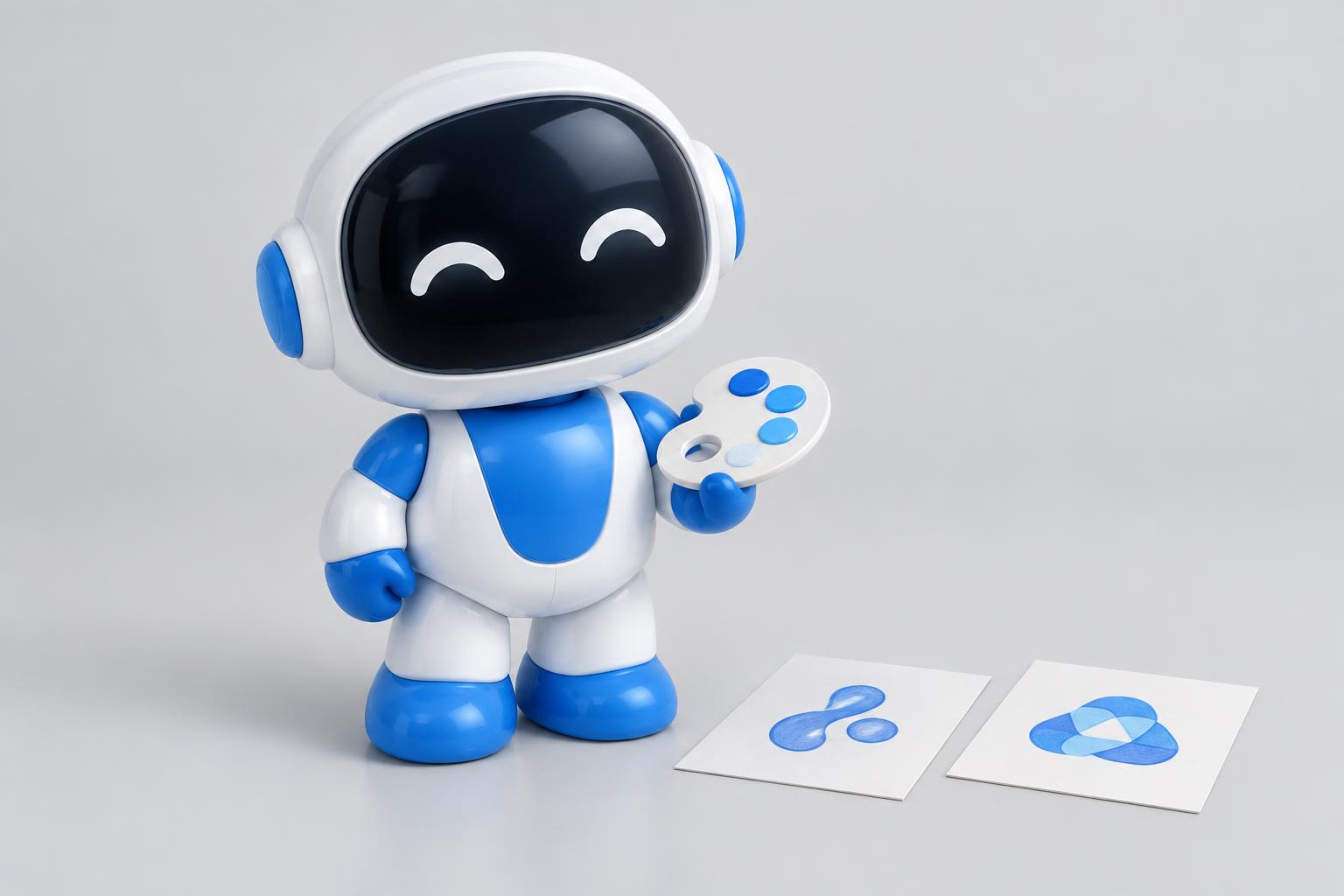 Cute blue and white robot holding a paint palette beside simple logo sketches