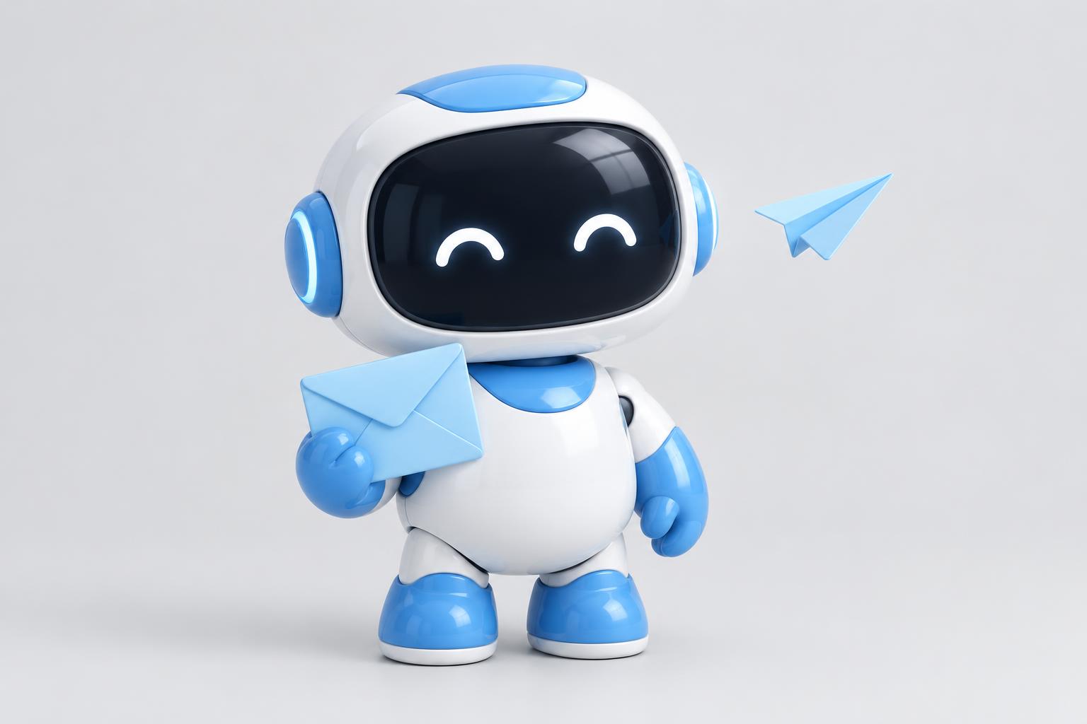 Robot holding a blue envelope with a paper airplane flying by