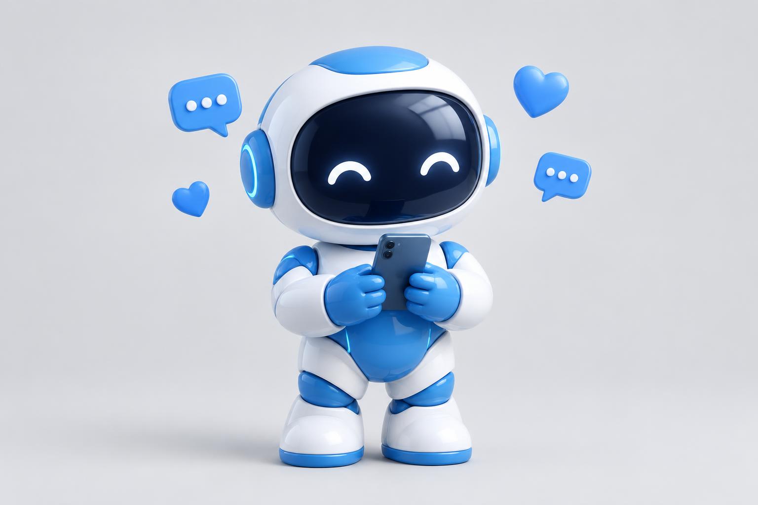 Blue and white robot holding a smartphone surrounded by hearts and chat bubbles