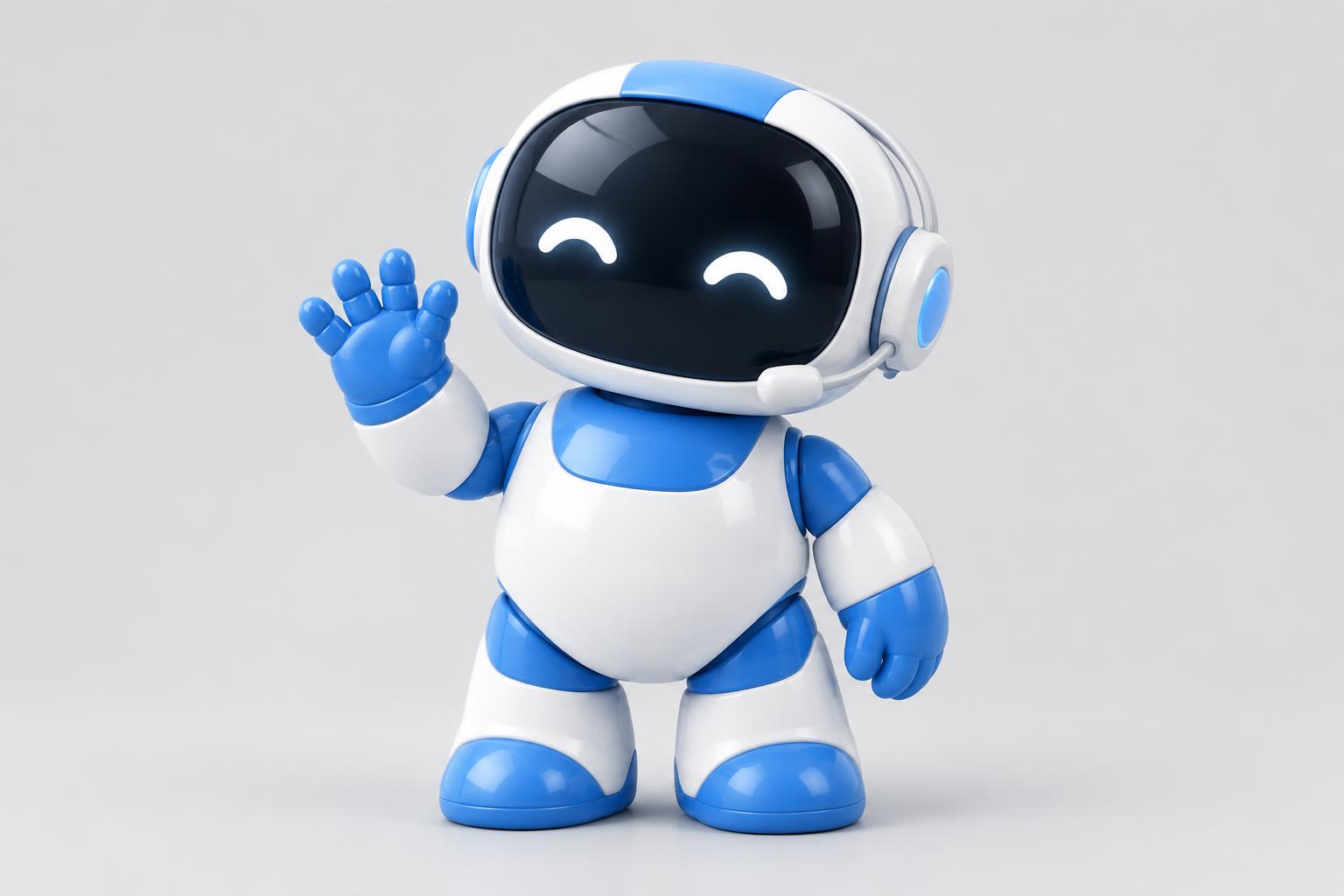 Friendly robot in a headset waving hello