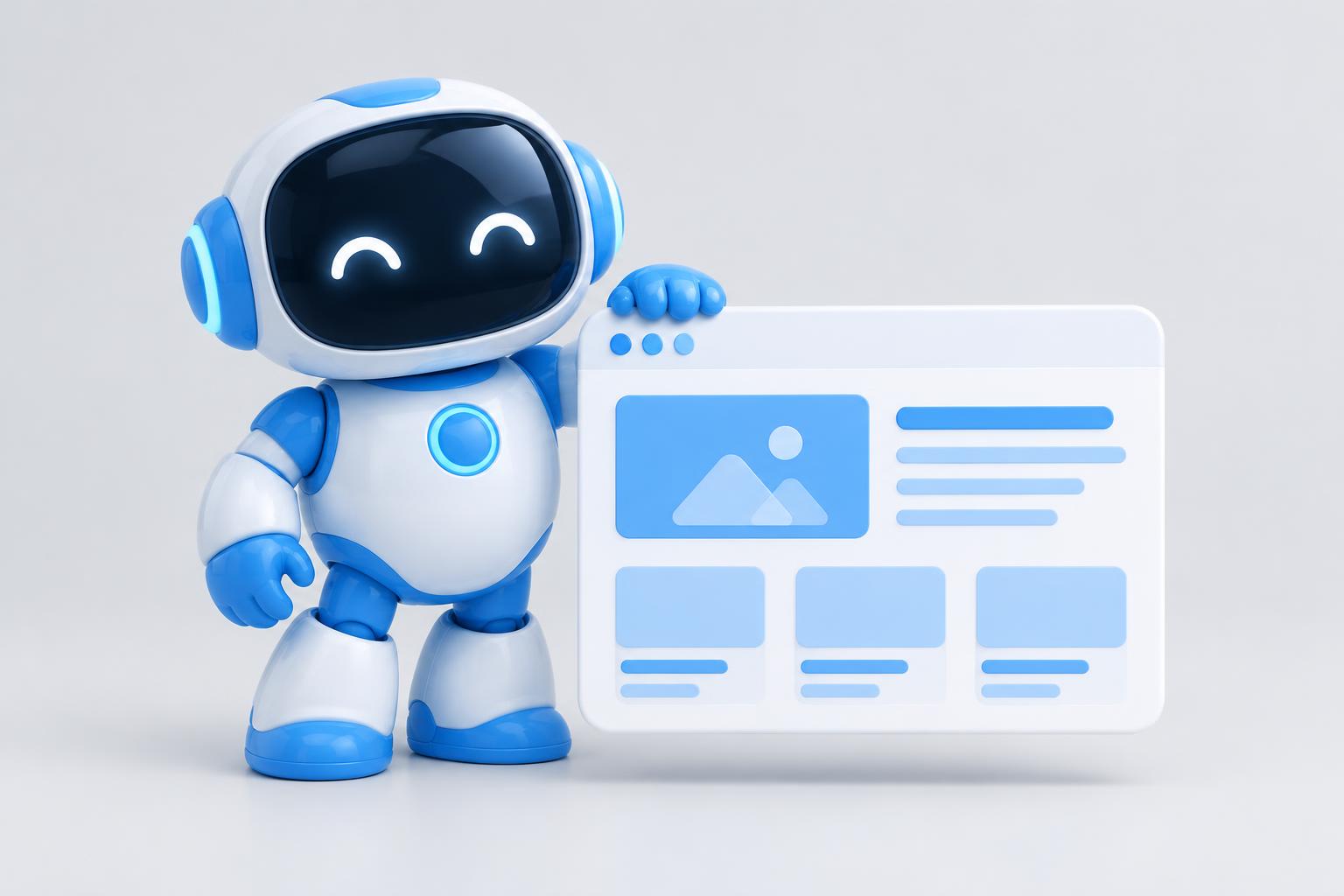 Robot standing beside a large floating website window with blue layout blocks